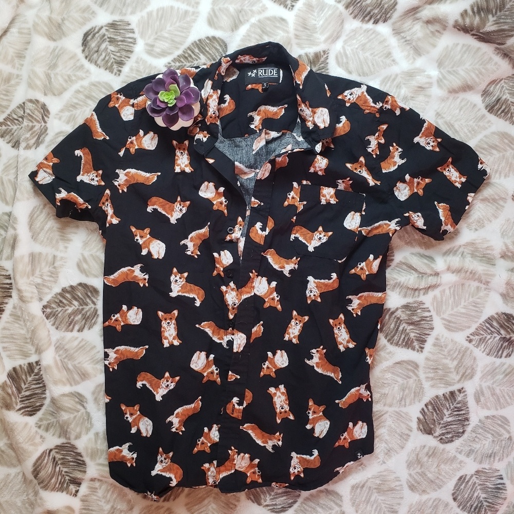 Euc corgi black button up short sleeve dog shirt